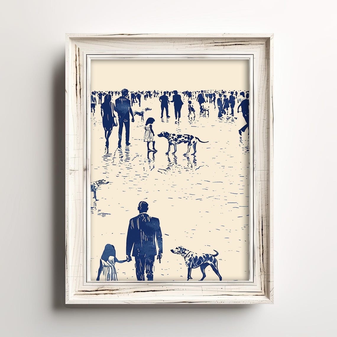 Dogs on Beach Meet and Greet Navy Sketch Coastal Dalmatian Wall Art