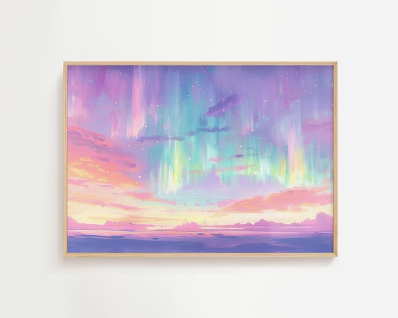 Northern Lights Painting, Pastel Watercolor Art Print