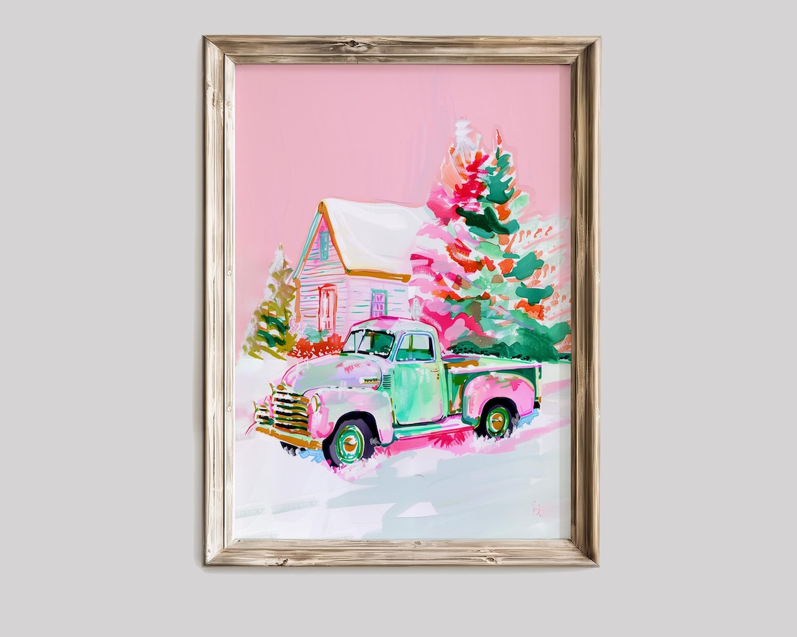 Vintage Truck By Cabin, Retro Christmas Art Print