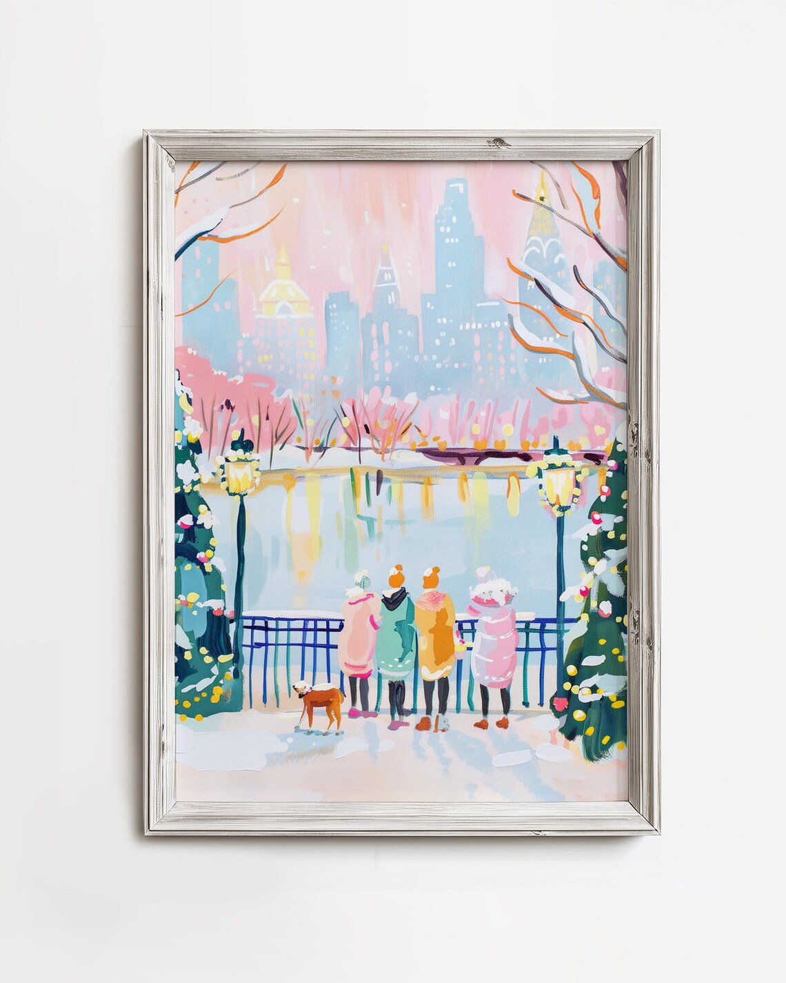 Pink Winter City Park Vintage Retro Christmas Cityscape Night Poster