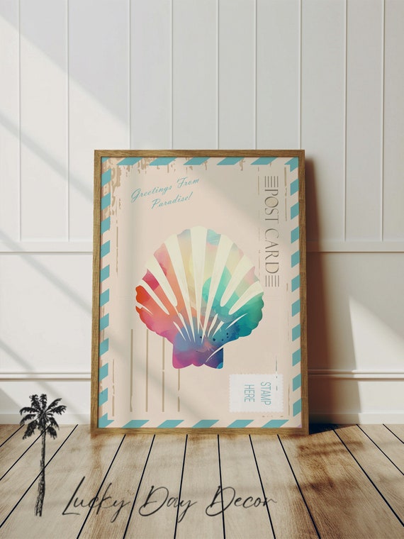 Colorful Shell Postcard Sea Life Decor Vintage Coastal Wall Art Beach Themed Home Nautical Nursery