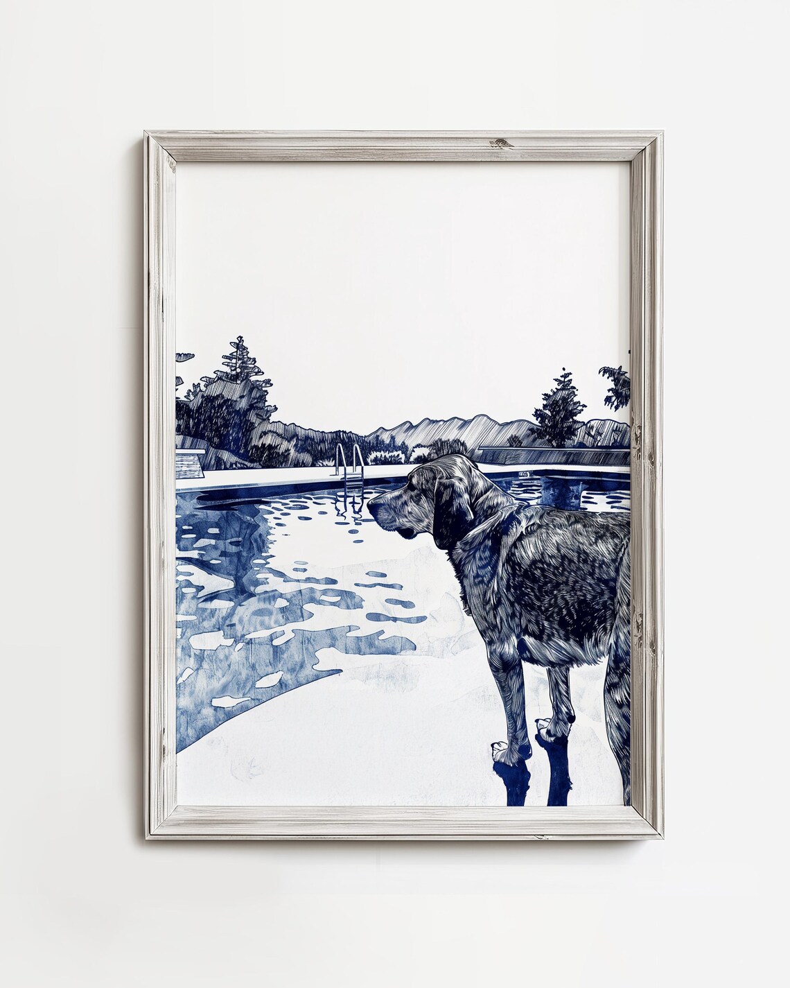 Labrador By The Pool Navy Blue Ink Dog Sketch Coastal Poster