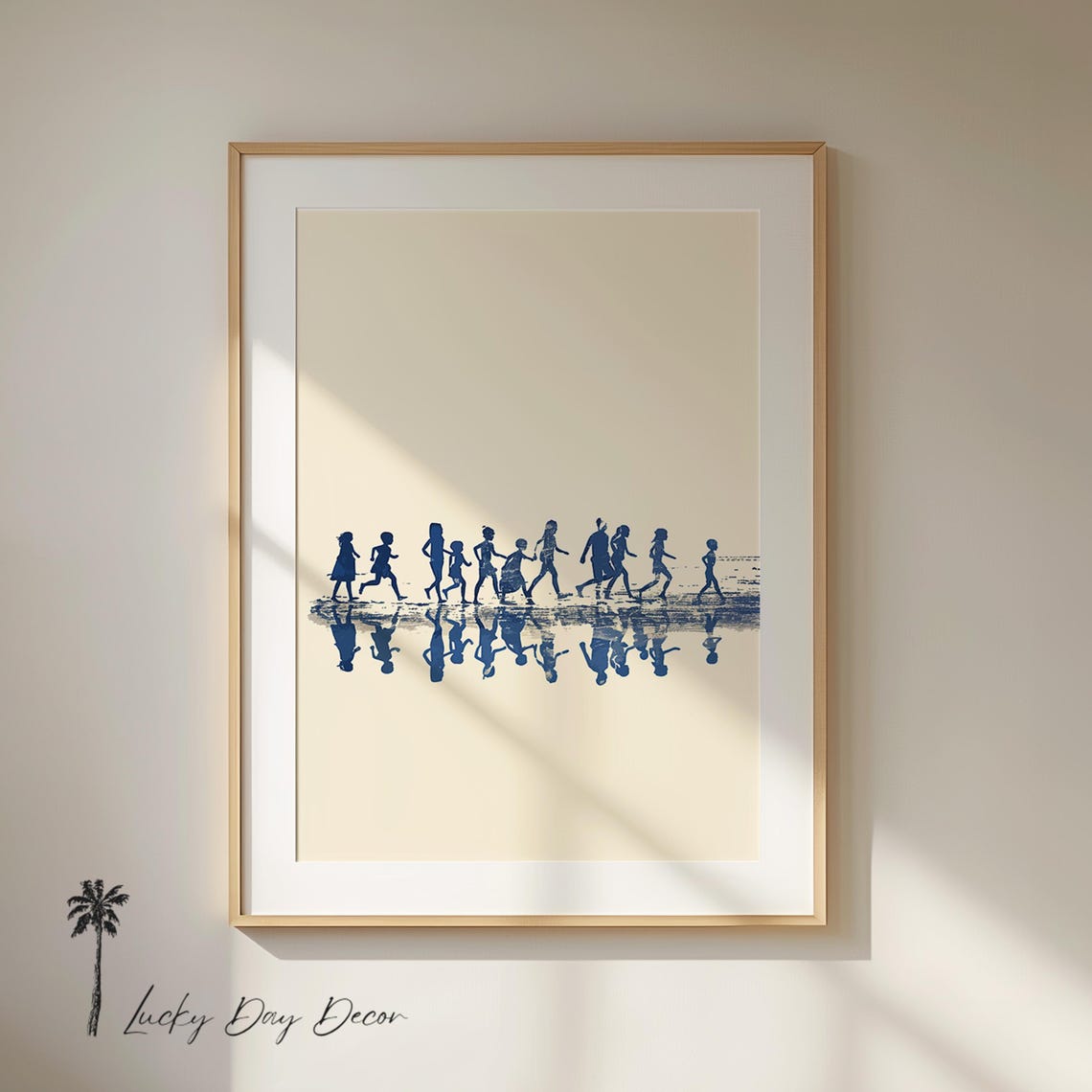 Children Running On Beach Reflection Navy Silhouette Art Poster