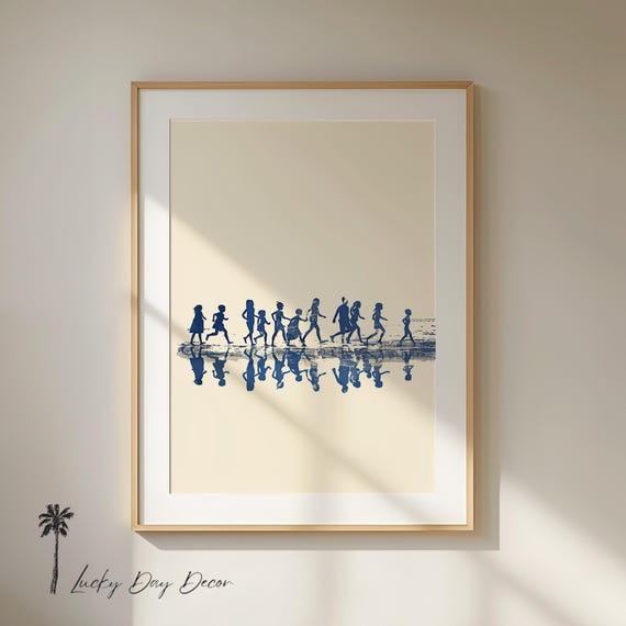 Children Run On Beach Blissful Art Minimalist Adorable Home Decor Rustic Blue Coastal Sketch Ocean Cottage