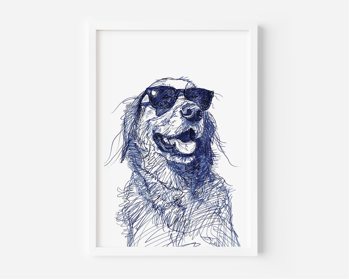 Golden Retriever Sunglasses Sketch Happy Dog Blue Ink Line Art Poster