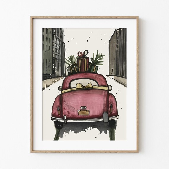 Pink Holiday Taxi with Christmas Gifts Retro Winter Wall Art