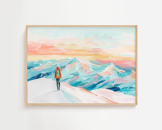Mountain Hiker Pastel Impressionist Snowy Peaks Adventure Poster