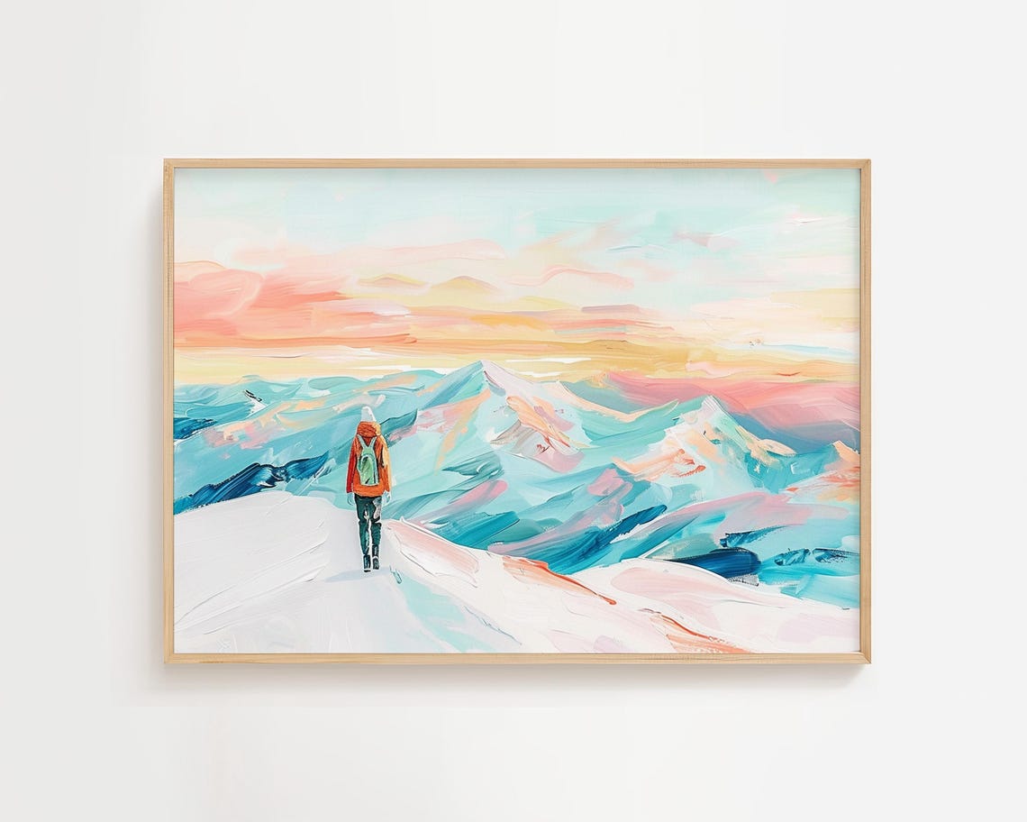 Himalayan Mountain Walk Colorful Hiking Painting Pastel Watercolor Artwork Open Nature Landscape Wall Decor