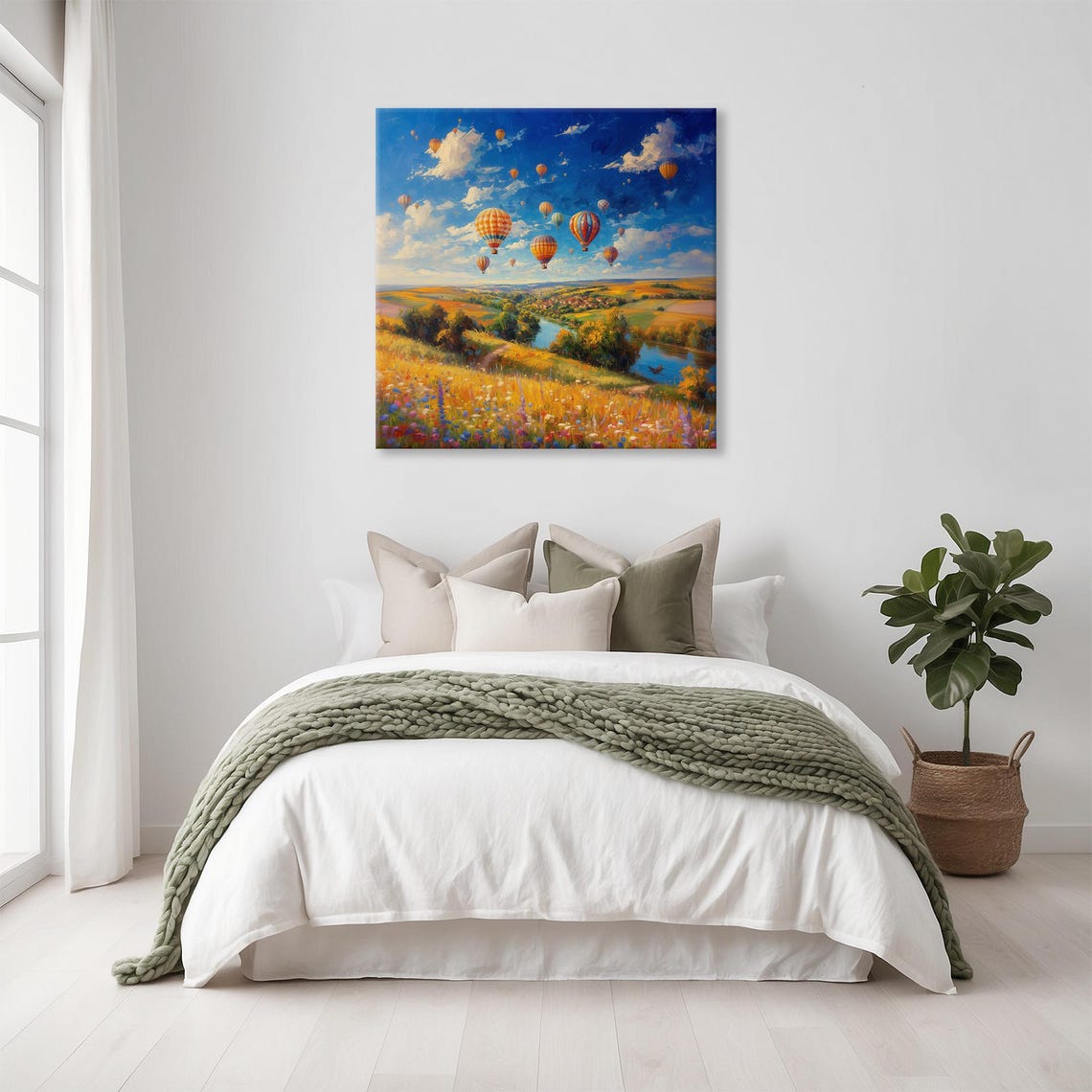 Colorful Balloons Over Golden Valley River Dreamy Sky Wall Art