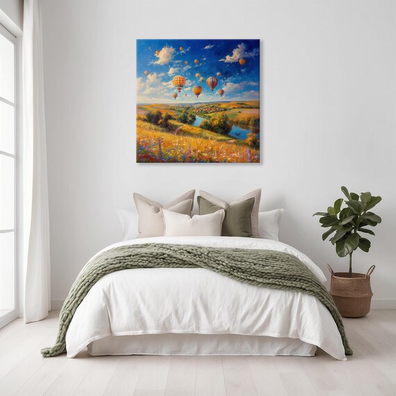 Colorful Balloons Over Golden Valley River Dreamy Sky Wall Art