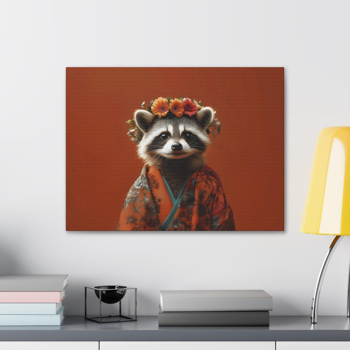 Raccoon Flower Crown Orange Kimono Rust Background Animal Poster - Image 2