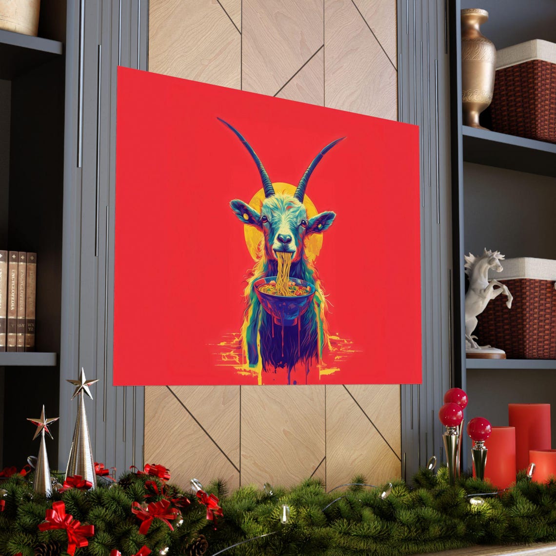 Funny Vibrant Goat Slurping Ramen Bowl on a Red Pop Art Poster - Image 2