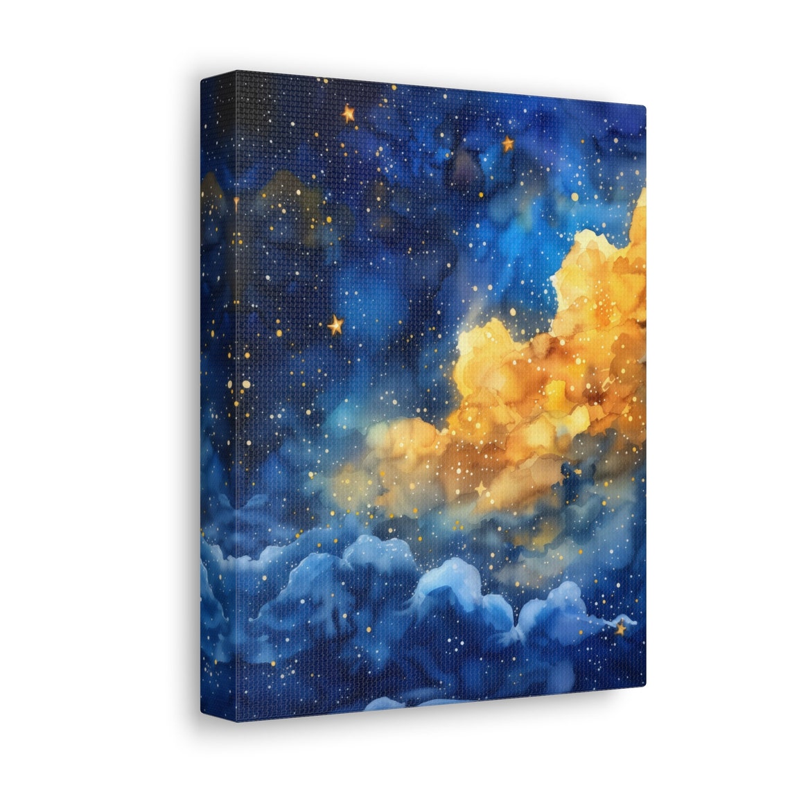 Beautiful Starry Night Sky With Glowing Blue And Gold Clouds Print - Image 2