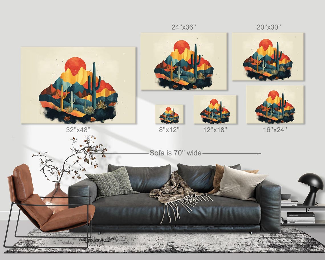 Stylized Desert Landscape Cacti Mountains And Red Sun Wall Art - Image 3