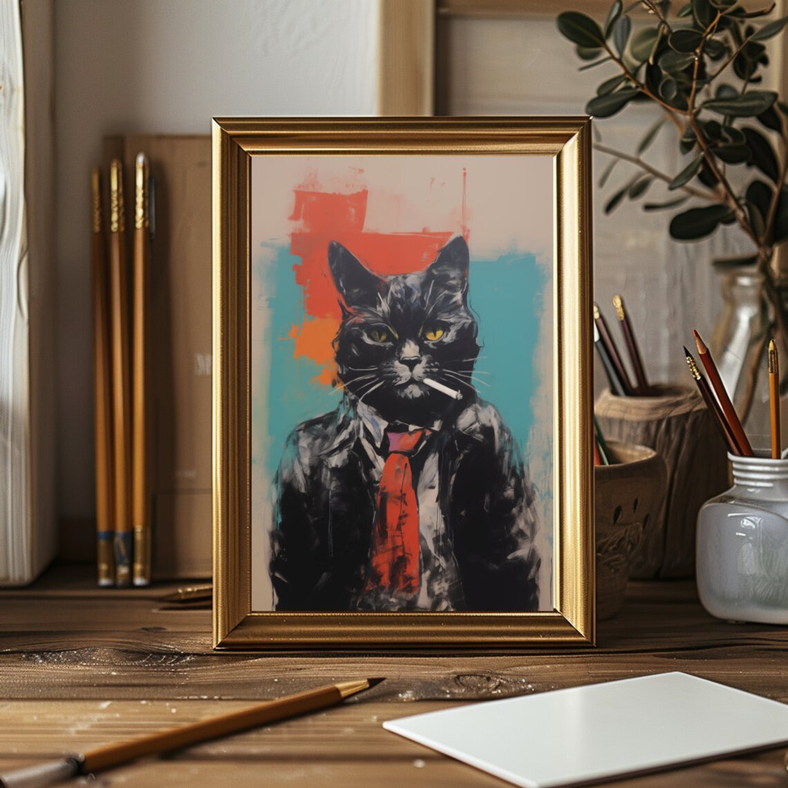 Black Cat in Jacket and Tie Smoking Beatnik Style Funny Poster - Image 3