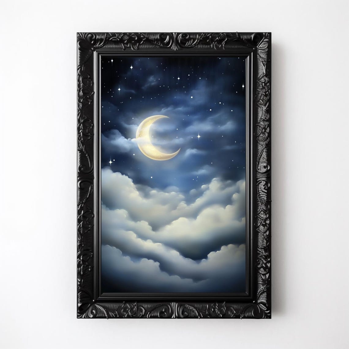 Misty Moon Print Starry Night Sky Painting Crescent Moon And Stars Wall Art Celestial Decor Witchy Lunar Poster Dark Moody Sky