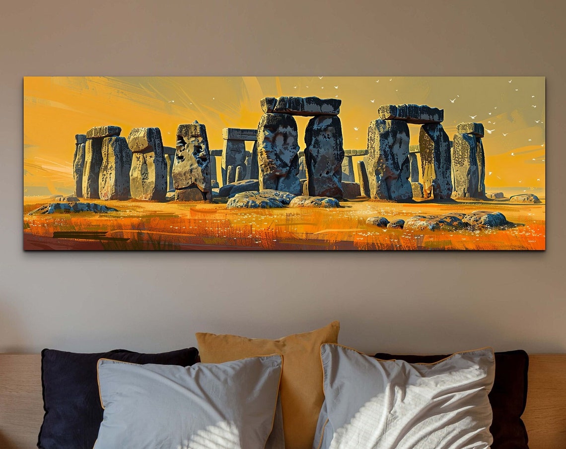 Stonehenge Golden Sunset Sky with Birds Flying Panorama Wall Art