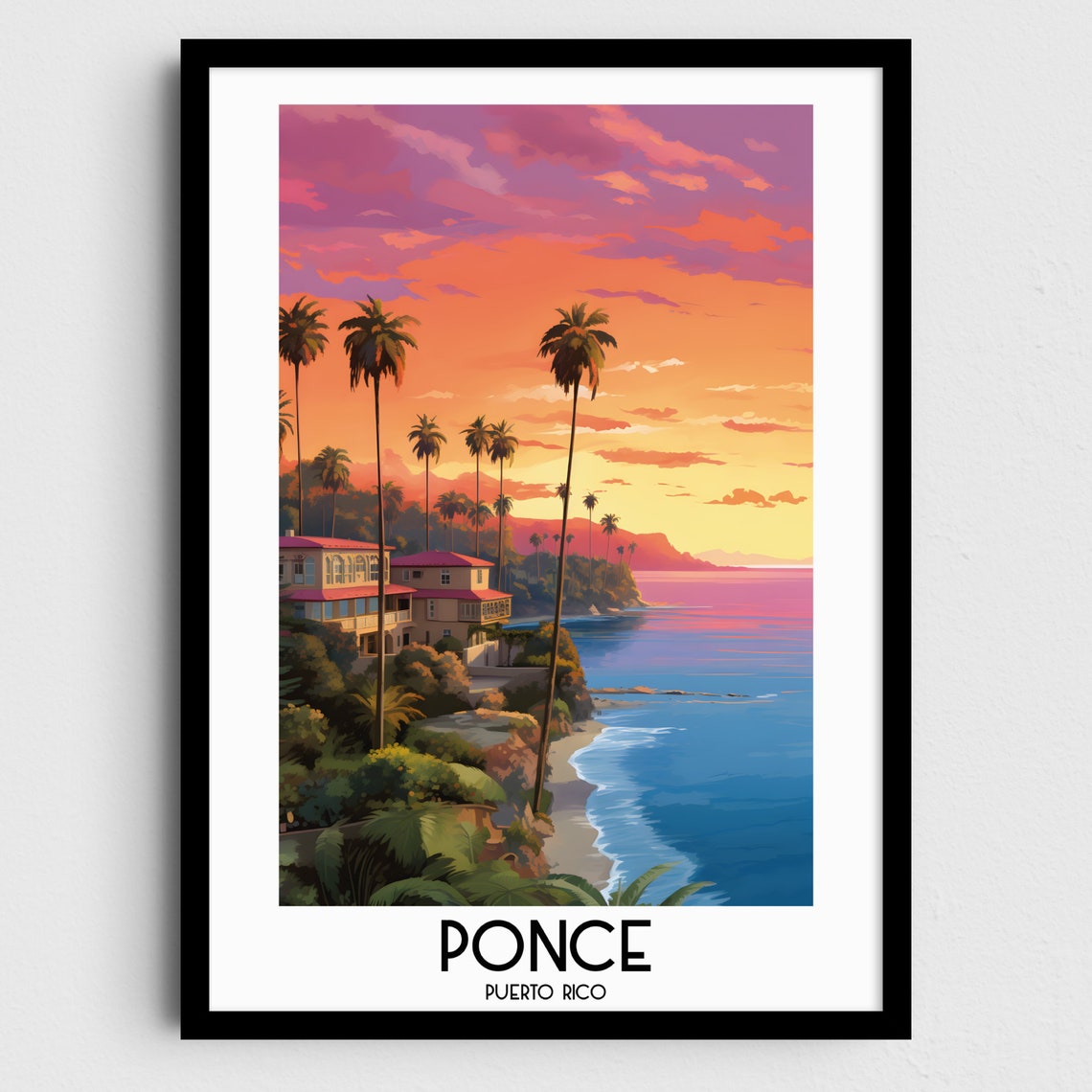 Ponce Tropical Coast Sunset Palm Trees Puerto Rico Travel Art Poster
