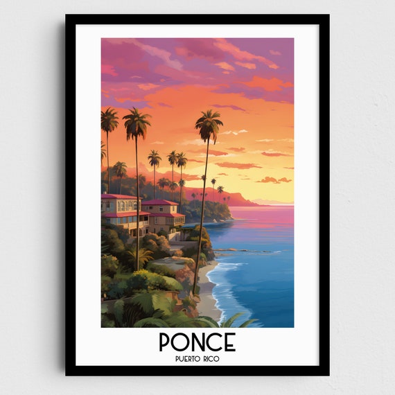 Ponce Tropical Coast Sunset Palm Trees Puerto Rico Travel Art Poster