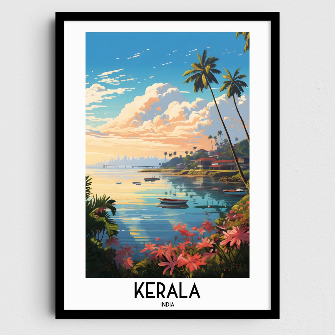 Kerala India Tropical Coast Palm Trees Sunset Boats Travel Art Poster