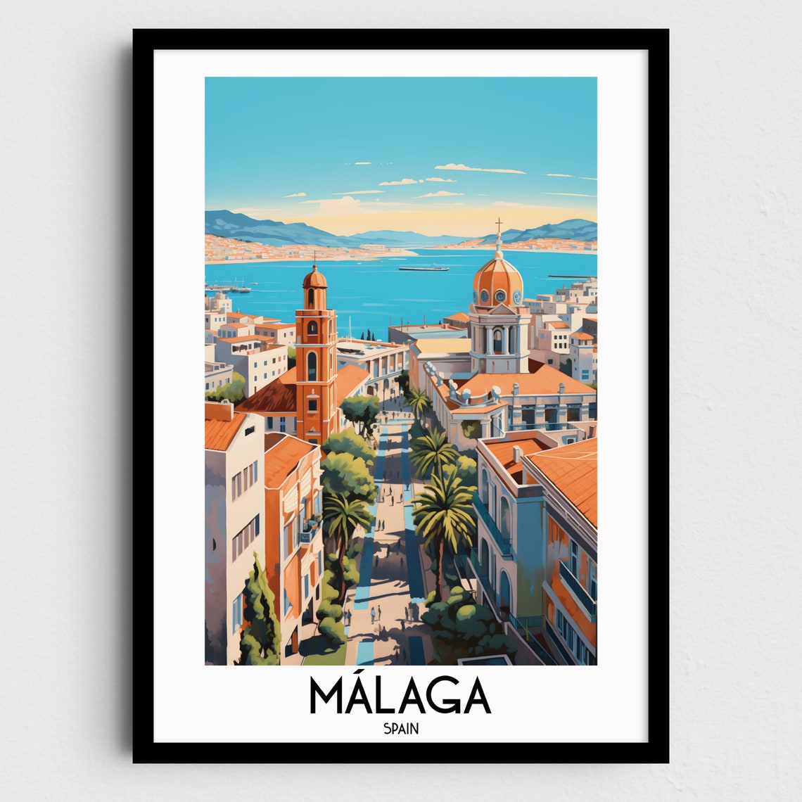 Malaga Spain Cathedral Harbor Palm Boulevard Old Town Travel Poster
