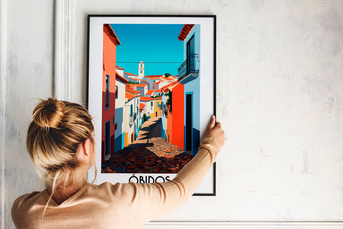 Obidos Portugal Sunlit Cobblestone Old Town Street Travel Poster - Image 2