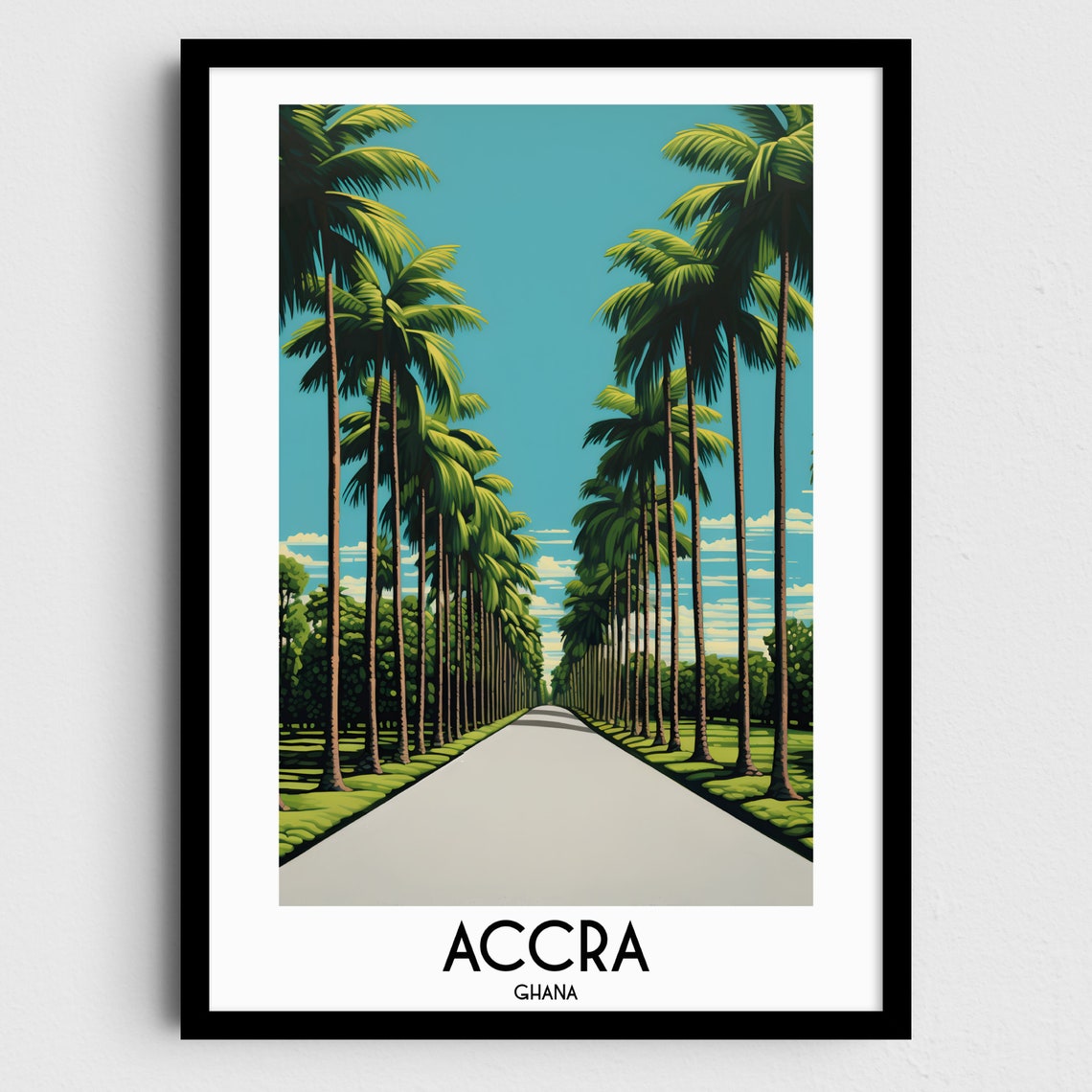 Accra Sunny Royal Palm Lined Avenue Vintage Ghana Travel Art Poster