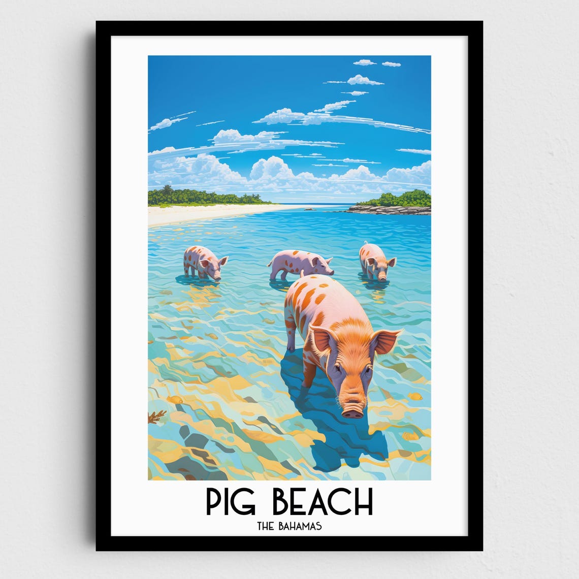 Pig Beach Bahamas Swimming Pigs Turquoise Water Travel Poster