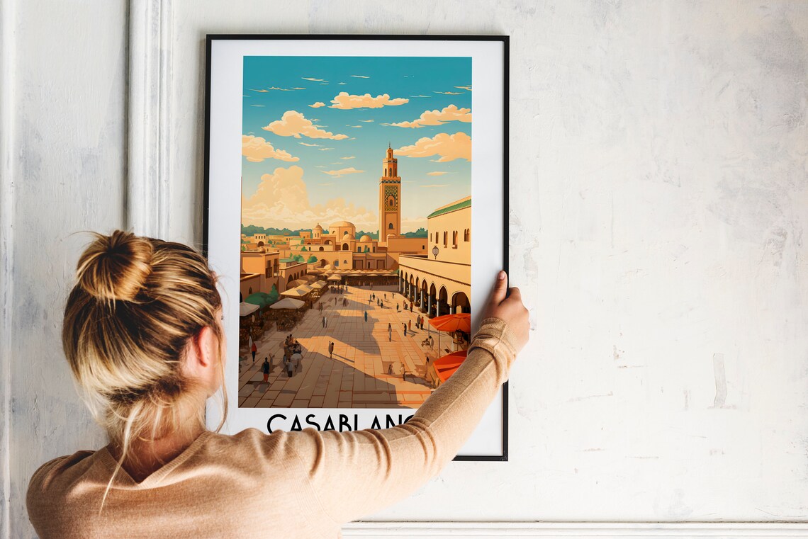 Casablanca Morocco Medina Plaza Minaret Souk Cafes Travel Poster - Image 2