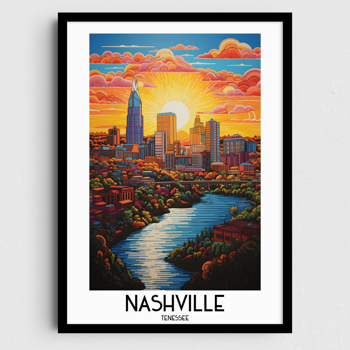 Nashville Tennessee Skyline Sunset River City Vintage Travel Poster