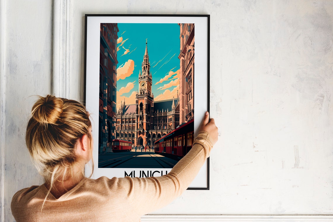 Munich Historic City Hall Tower Red Trams Germany Travel Poster - Image 2