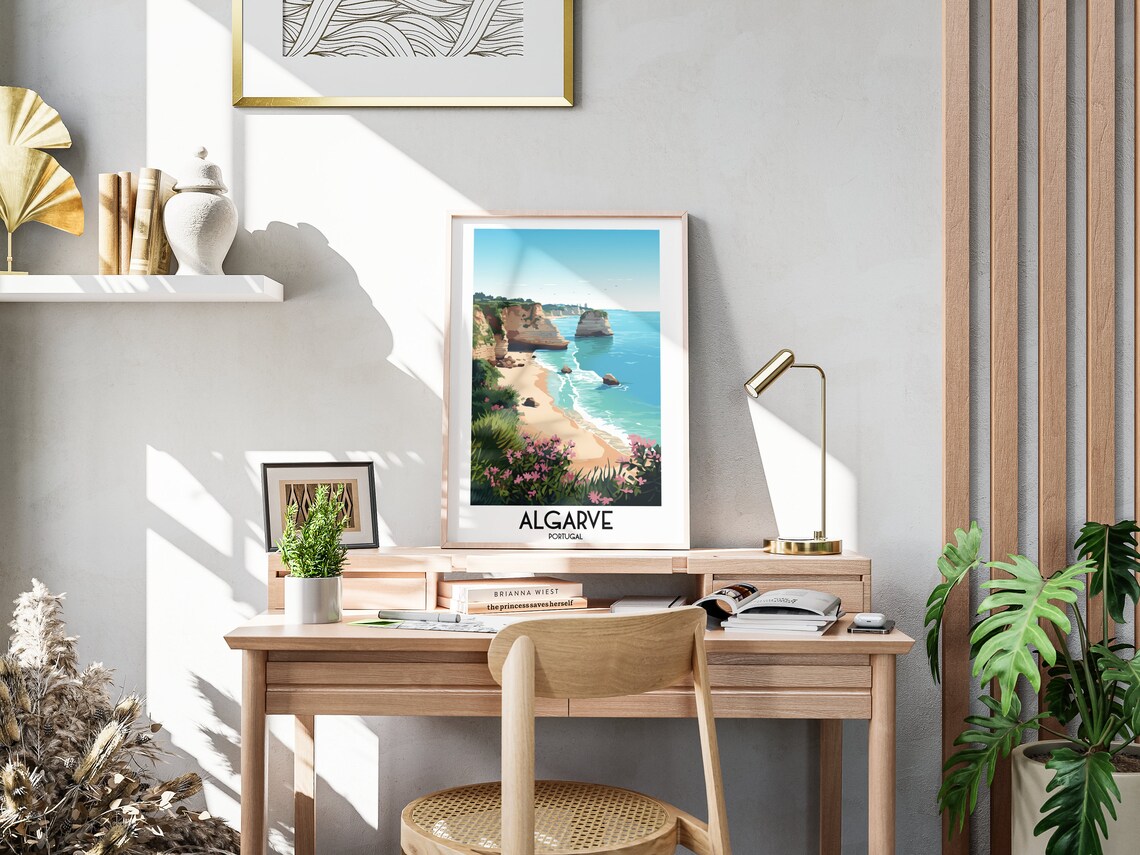 Algarve Portugal Golden Cliffs Beach Cove Vintage Travel Art Poster - Image 3