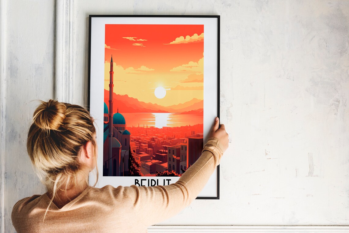 Beirut Lebanon Mosque Seaside Sunset Skyline Vintage Travel Poster - Image 2