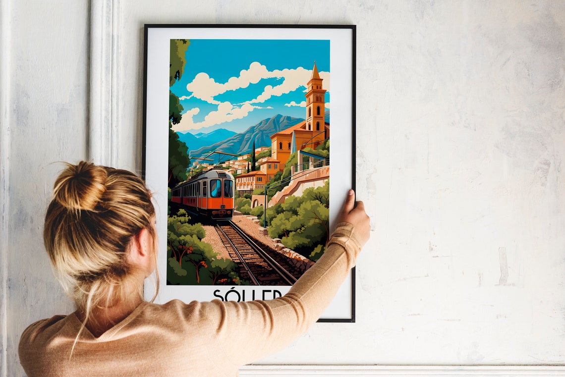 Soller Mallorca Vintage Train Village Mountain Church Day Poster - Image 2