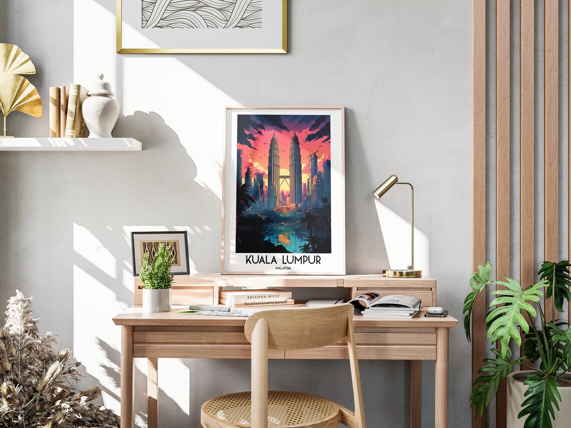 Kuala Lumpur Malaysia Petronas Towers Retro Sunset Travel Poster - Image 3
