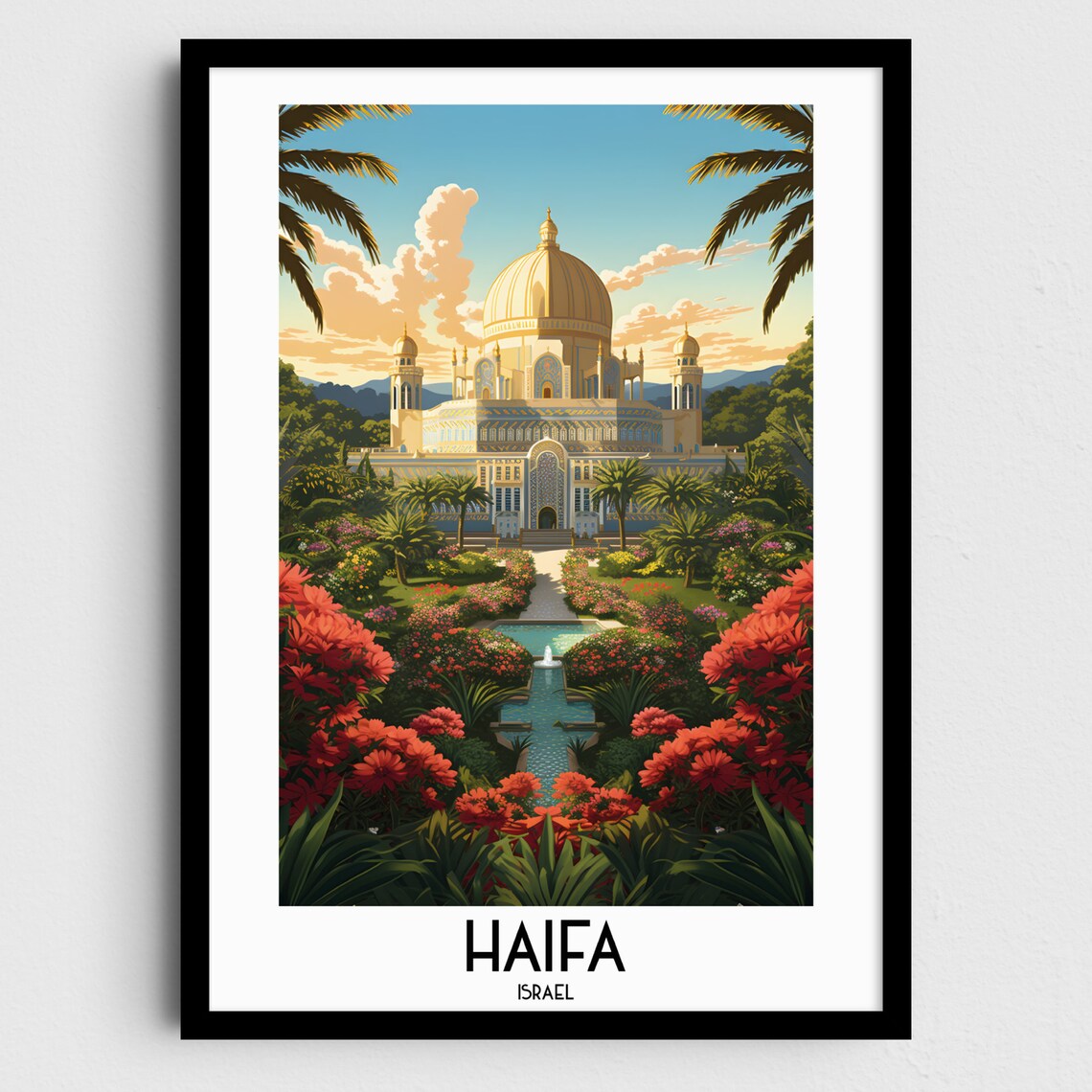 Haifa Israel Bahai Gardens Golden Dome Temple Vintage Travel Poster