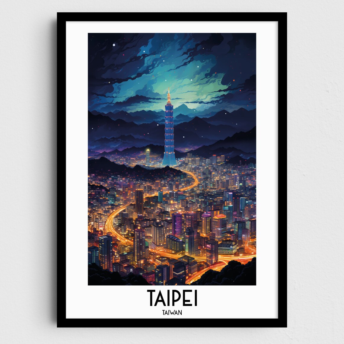 Taipei 101 Night Skyline Glowing City Lights Taiwan Travel Poster