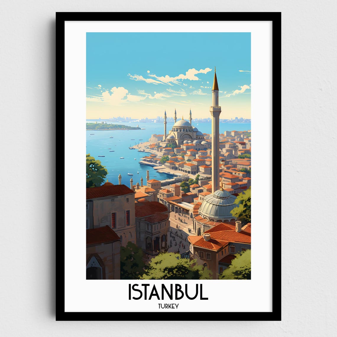 Istanbul Turkey Mosques Minarets Waterfront Vintage Travel Poster