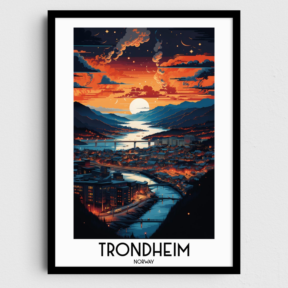 Trondheim Sunset City River Moonlit Sky Norway Travel Poster