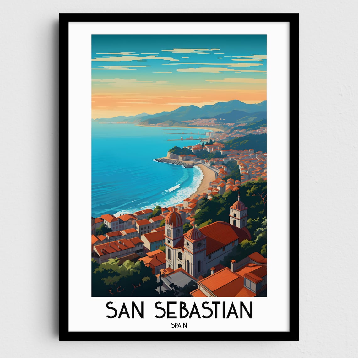 San Sebastian Spain Coastal Bay Beach Church Domes Scenic Poster