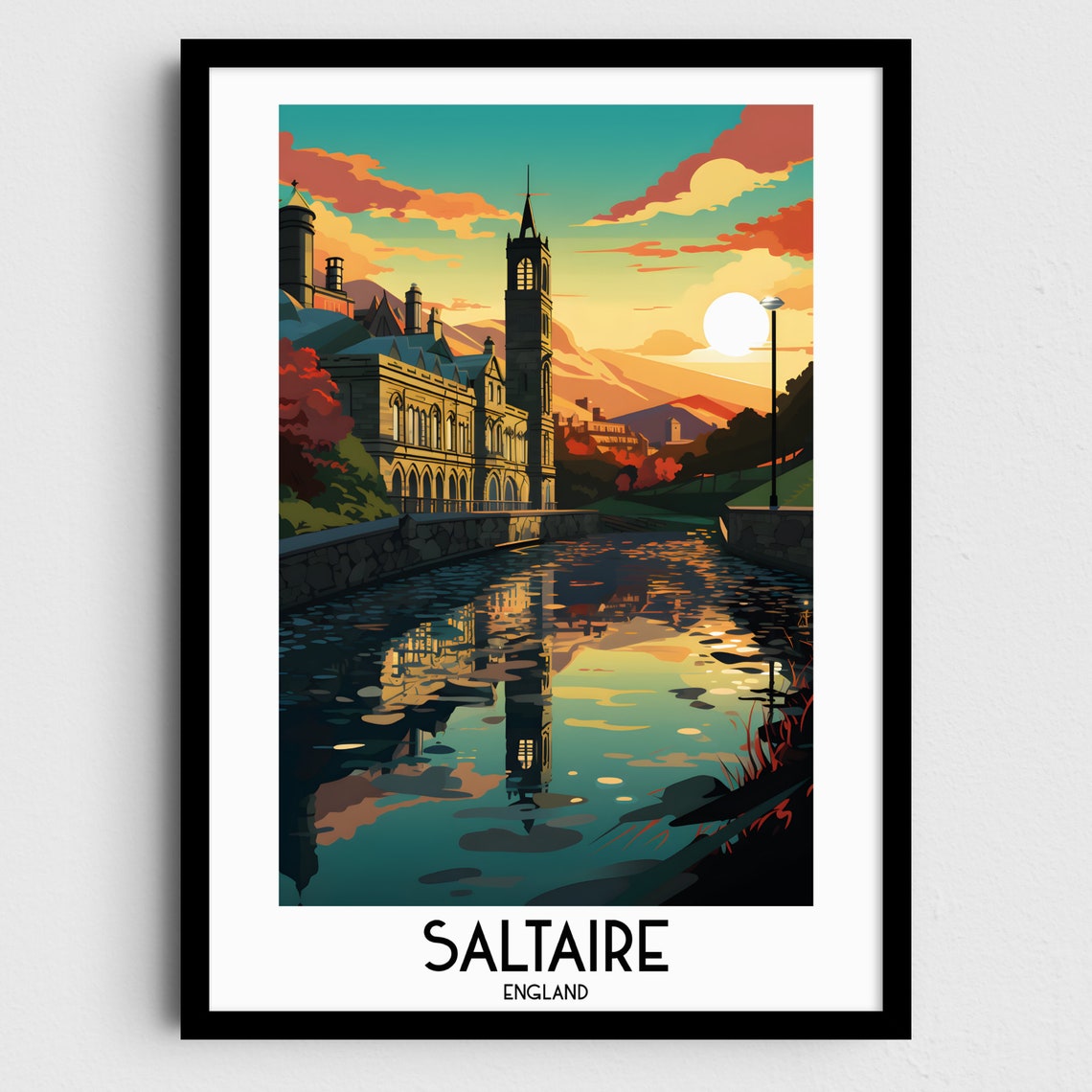 Saltaire England Mill Buildings River Sunset Vintage Travel Poster