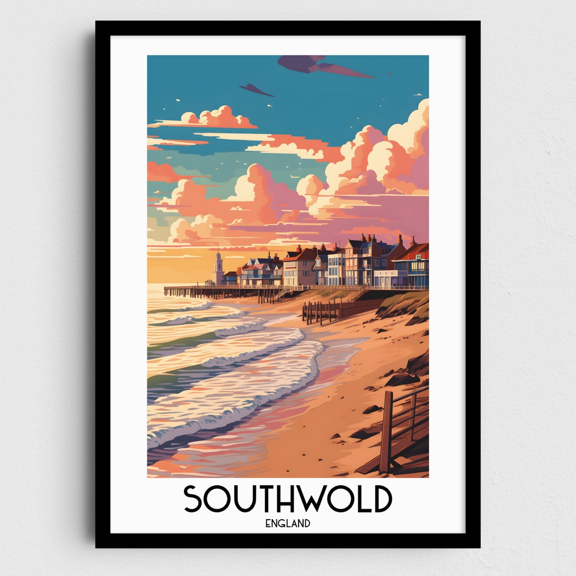 Southwold England Beach Pier Colorful Houses Seaside Travel Poster