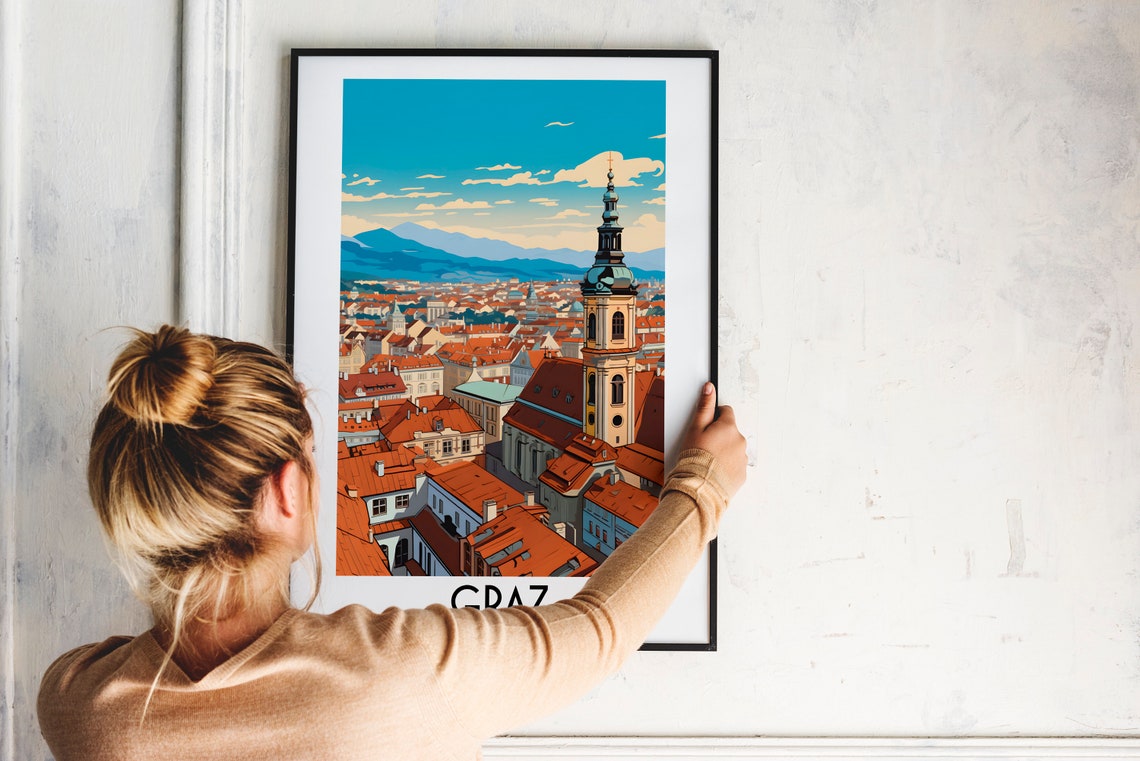 Graz Austria Old Town Rooftops Church Spire Mountain Travel Poster - Image 2