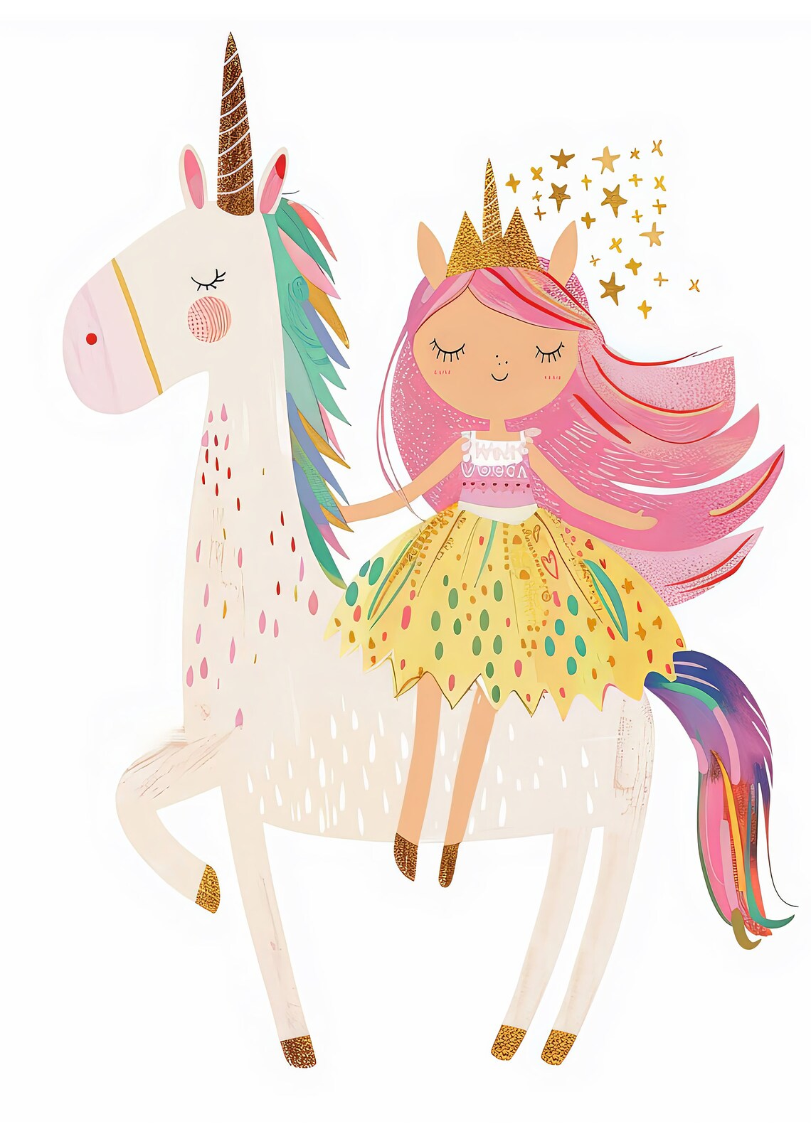 Princess Girl Riding a White Unicorn with Pink Hair Art Poster - Image 3