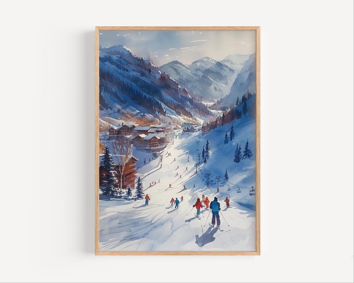 Utah Ski Hill Watercolor Travel Poster, Resort Art