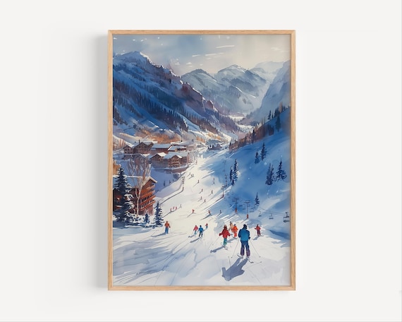 Utah Ski Hill Watercolor Travel Poster, Resort Art