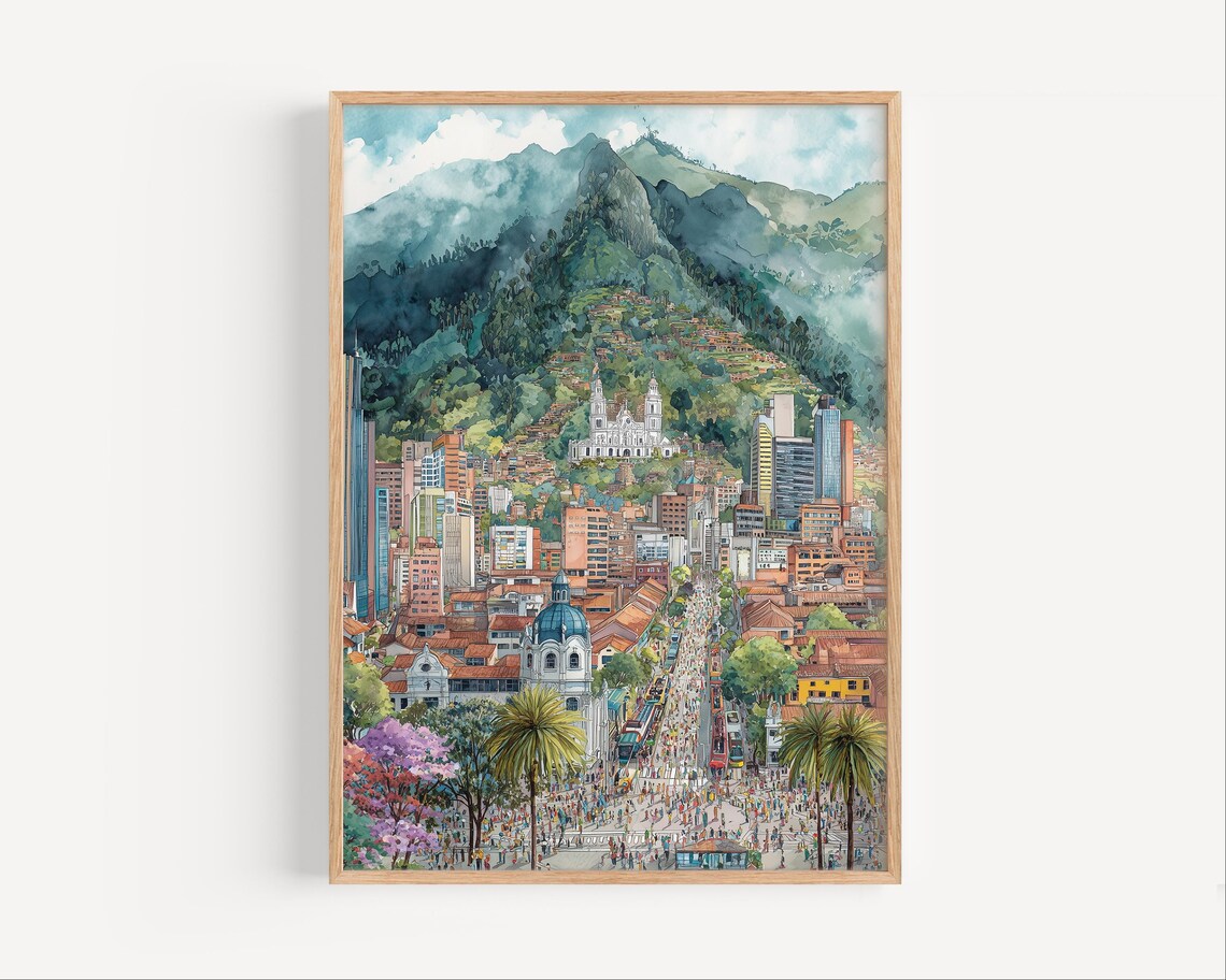 Bogota Colombia Mountain Cityscape Watercolor South America Travel Poster