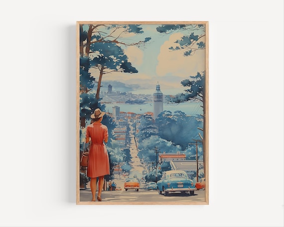 Vintage San Francisco Street Scene Retro City Travel Art Poster