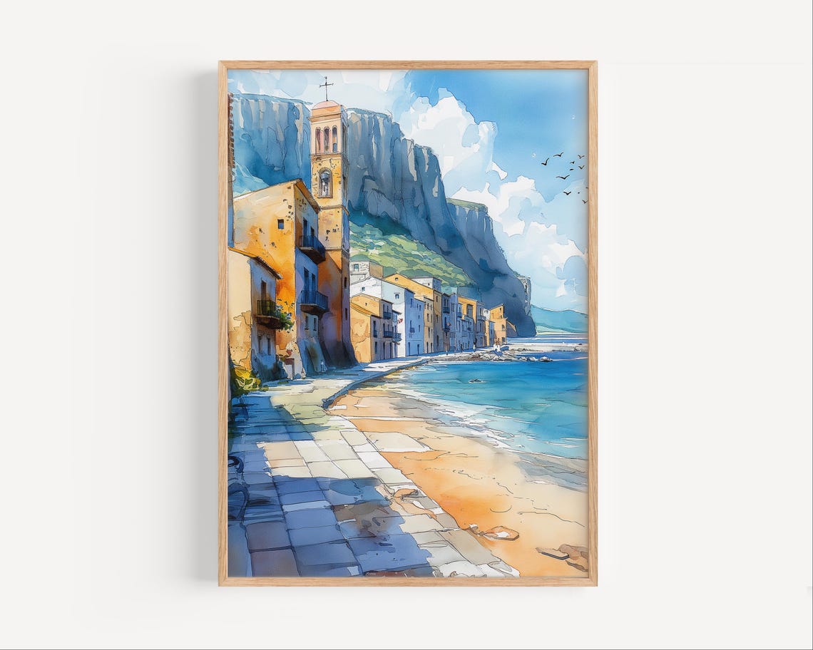 Cefalu Sicily Seaside Town Watercolor Cliff Beach Travel Poster