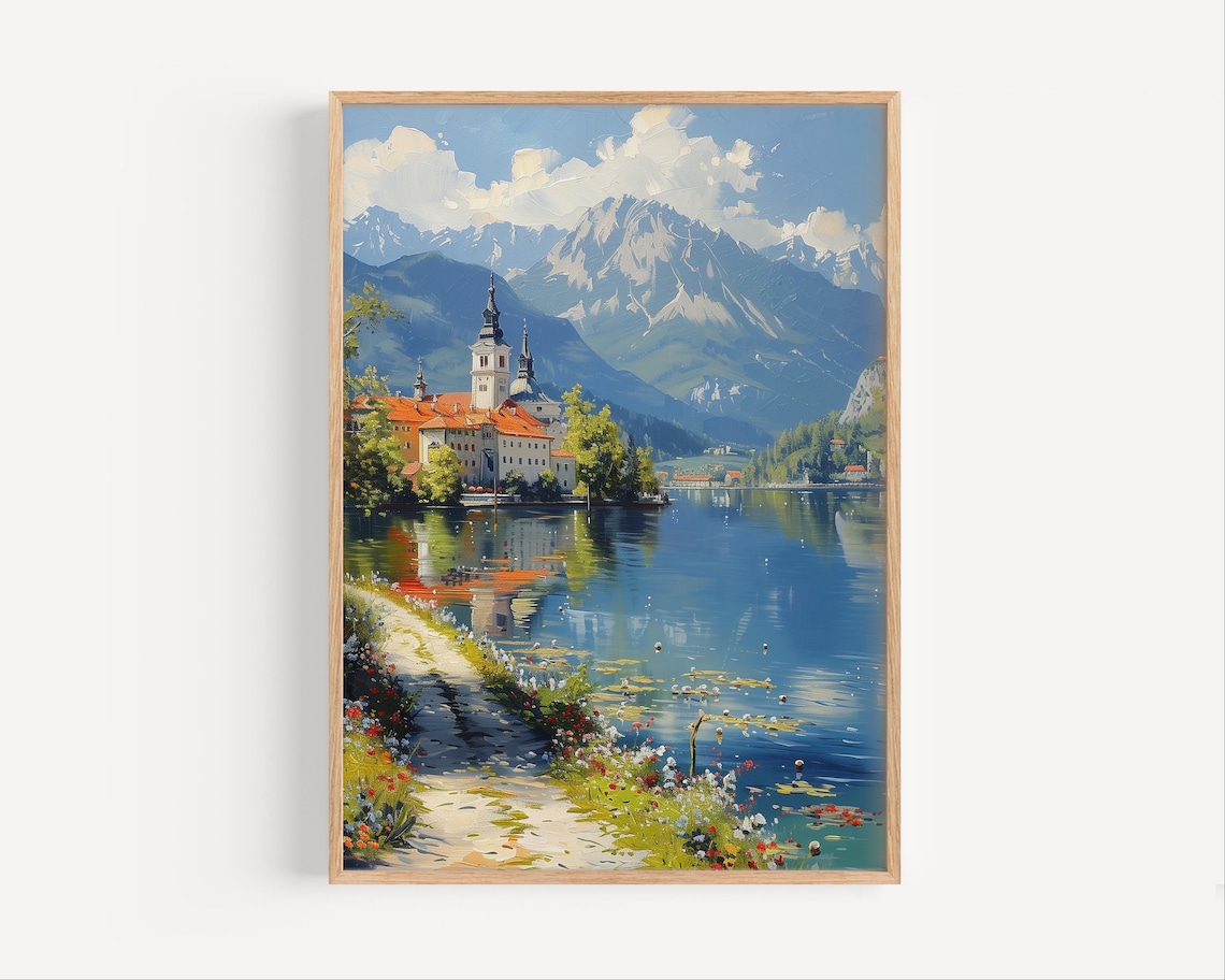 Lake Bled Slovenia Church Lakeside Mountains Oil Painting Poster
